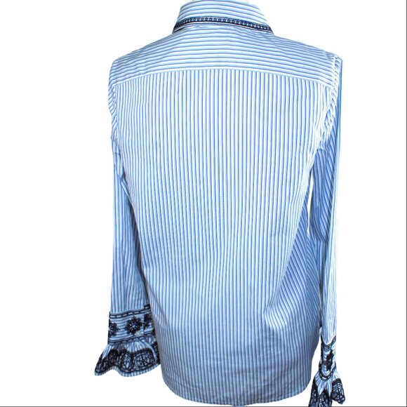 Tory Burch Paige Blue White Stripe Embroidery Long Sleeve Button Down Shirt, 4 - Picture 6 of 8